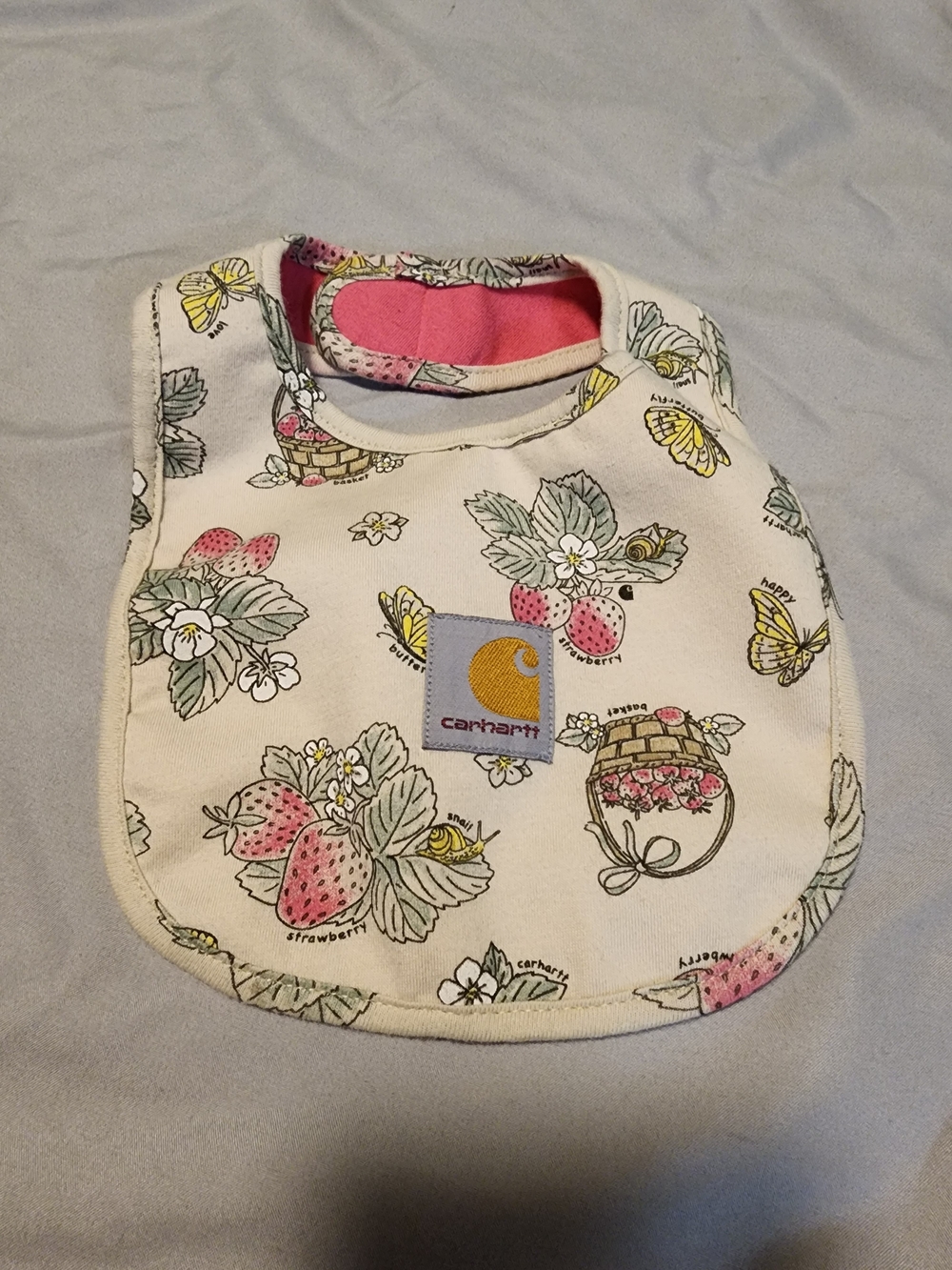 Carhartt Cream Baby Bib with Pink Strawberry & Yellow Butterfly Print